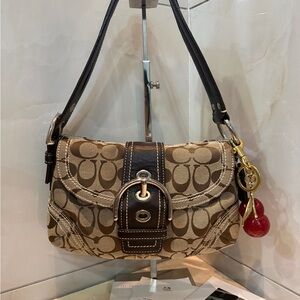 Coach Tan Signature Canvas Shoulder Bag with Red Cherry Charm